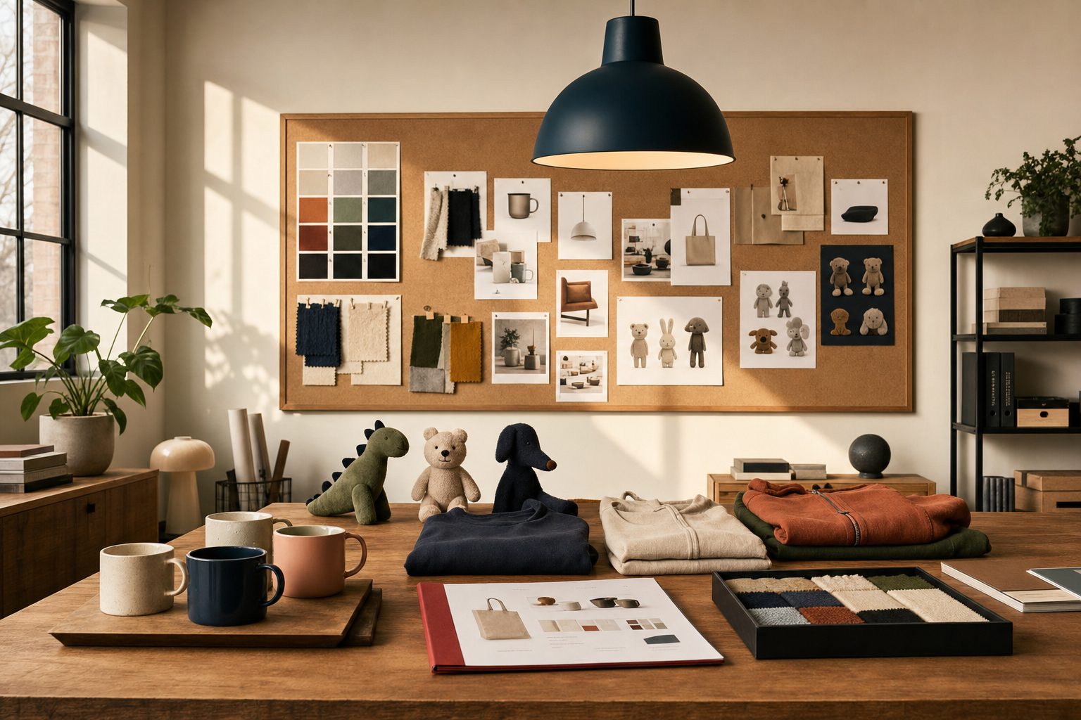 Design studio interior with product samples on an oak worktable and a corkboard of color swatches, fabric samples, and printed product concepts.