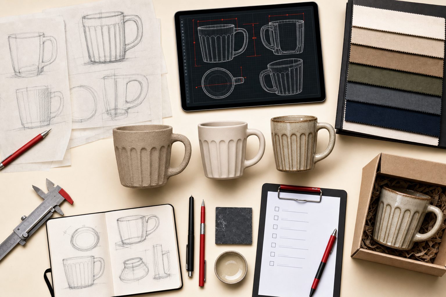 Overhead product-development spread showing concept sketches, CAD mockups, fabric swatches, and mug prototypes in ascending finish quality.