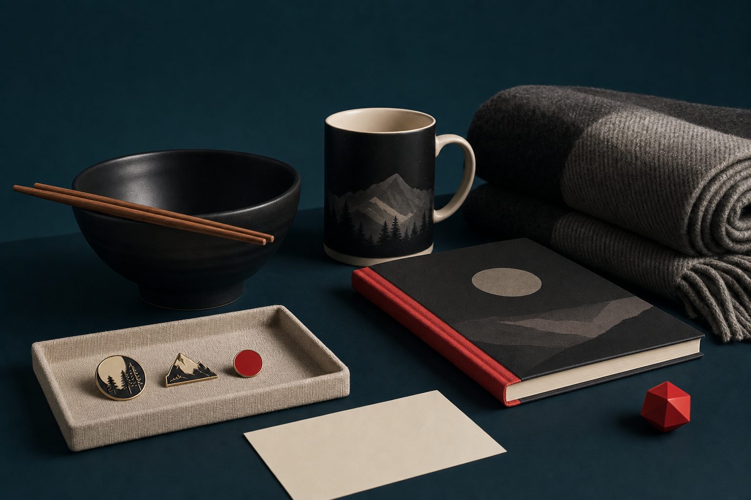 Editorial product arrangement including a matte ceramic bowl, heat-change mug, enamel pins, folded fleece throw, and hardcover notebook against a deep navy background.