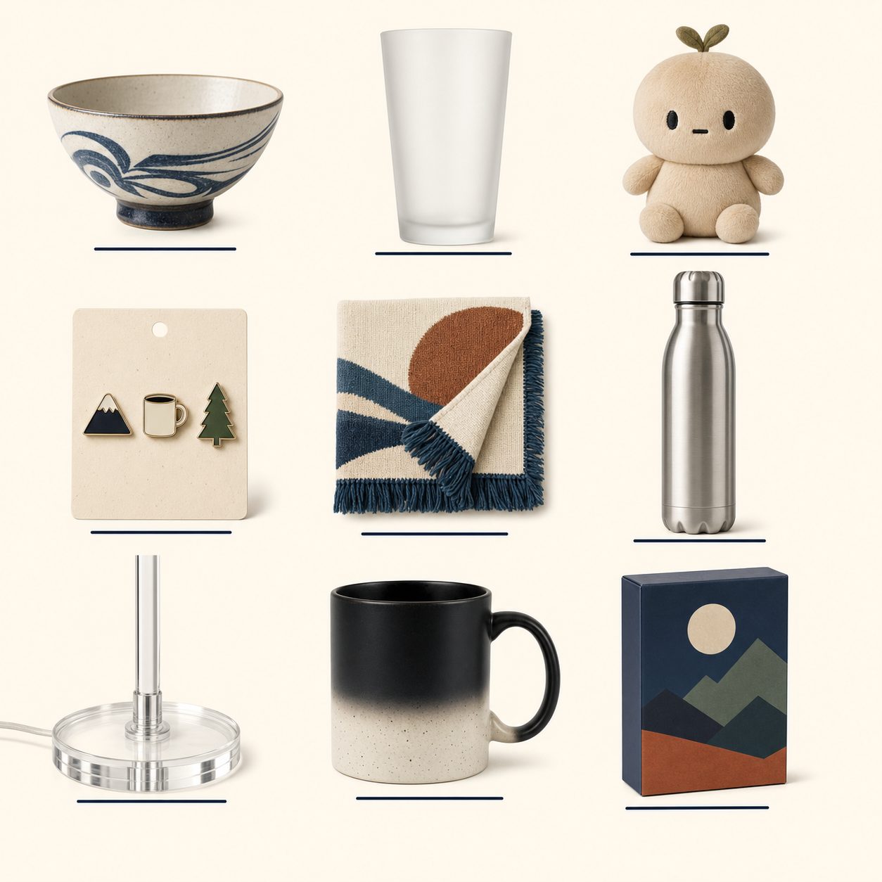 Editorial 3x3 gallery-style flat lay of nine anonymized pop-culture merchandise objects on a cream background.